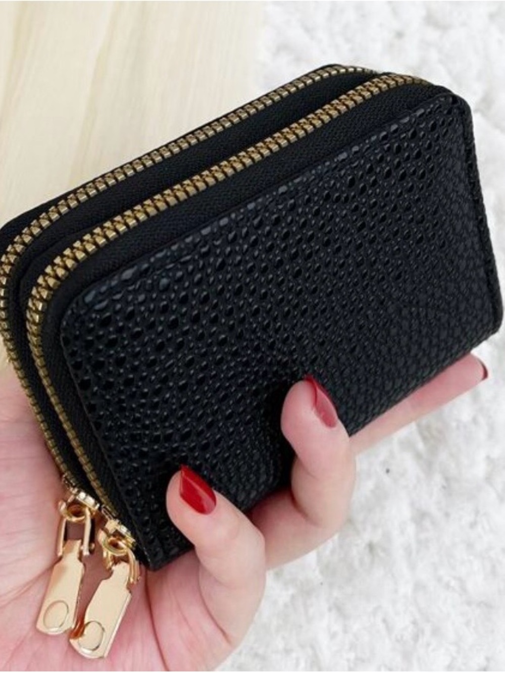 Classic Black Double-Zip  PU Leather Card Wallet